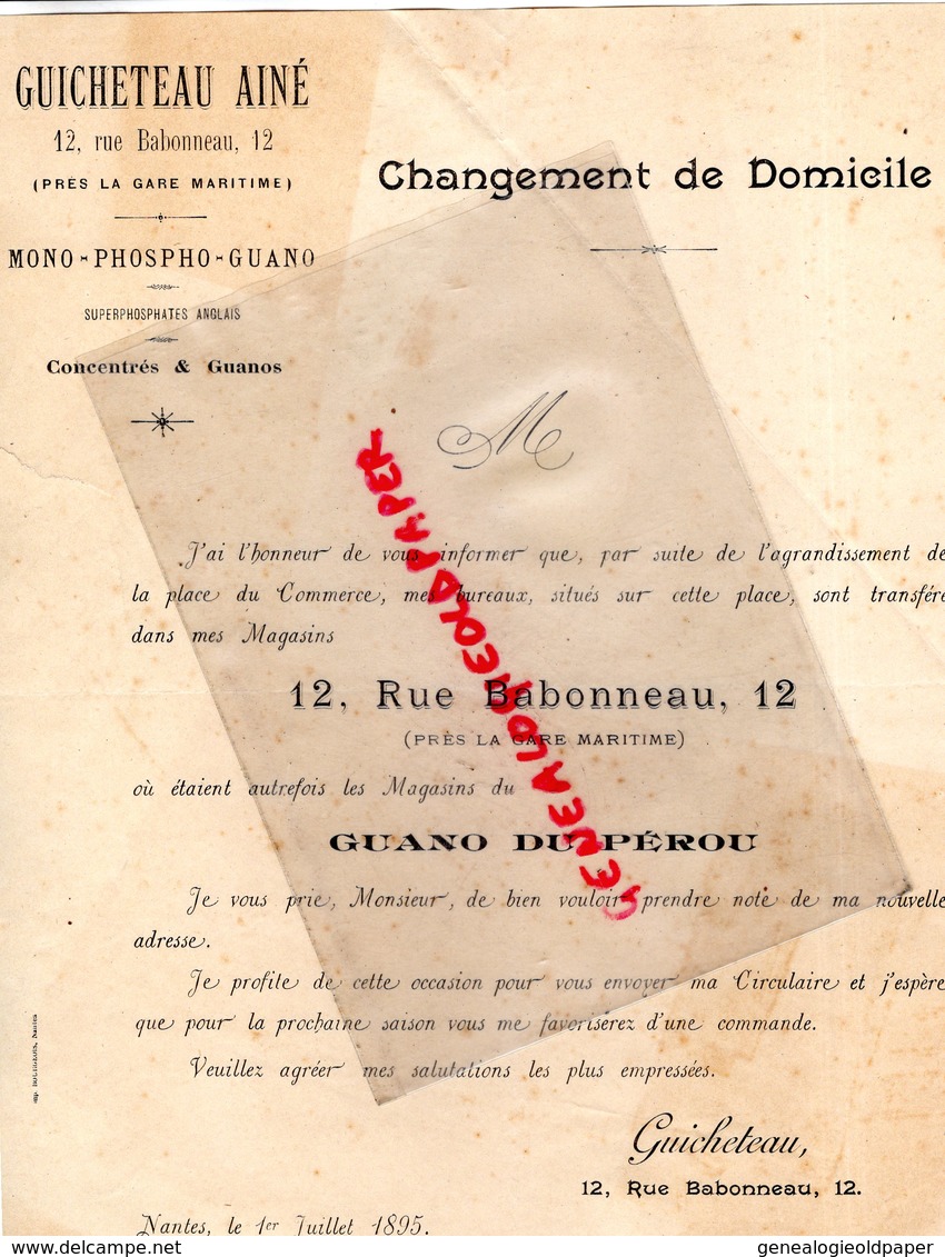 44 - NANTES - RARE LETTRE   P. GUICHETEAU -12 RUE BABONNEAU -ENGRAIS CHIMIQUES GUANO -CHANGEMENT DOMICILE 1895- - Landwirtschaft