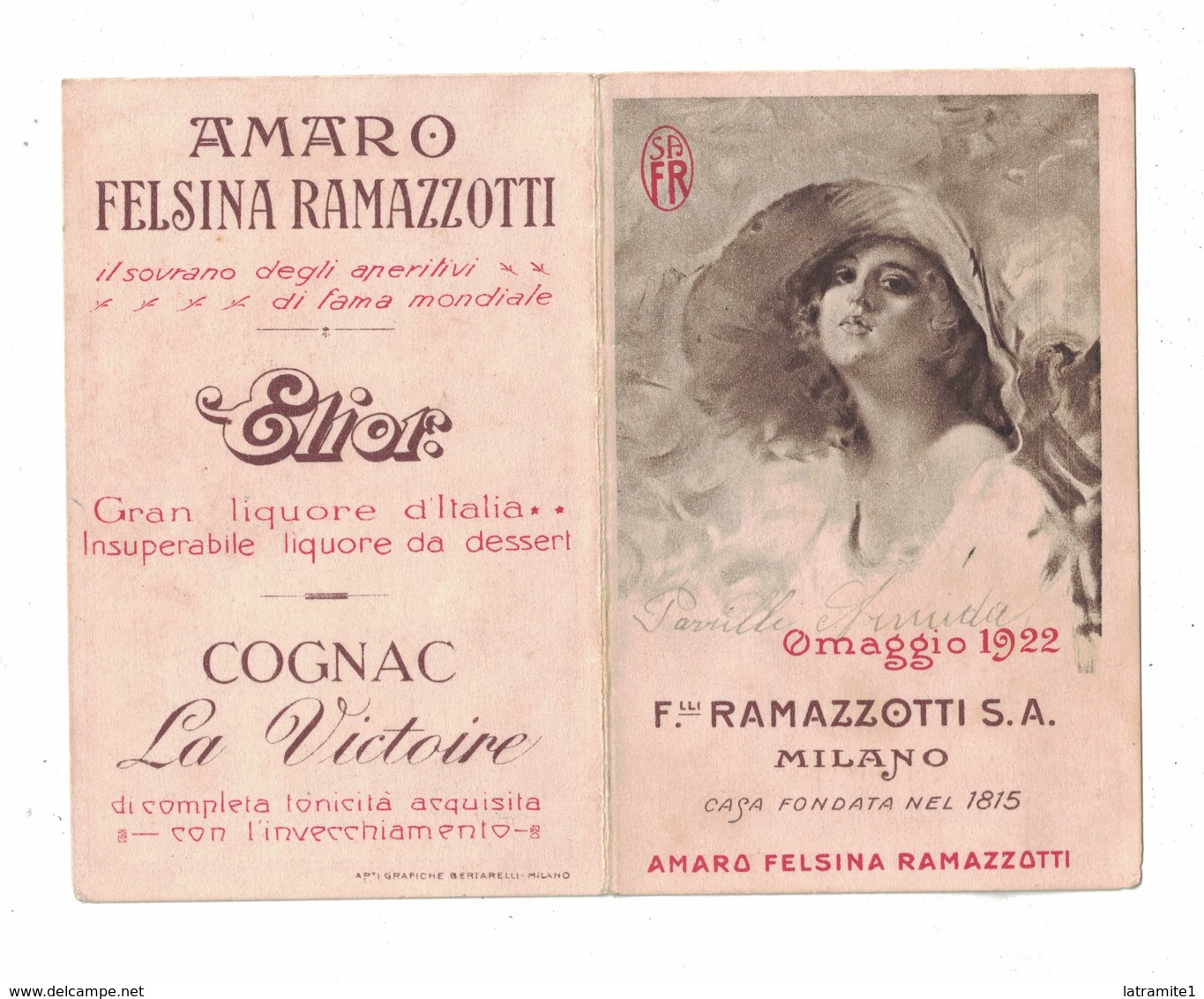 CALENDARIETTO  AMARO FELSINA RAMAZZOTTI  1922  SEMESTRINO - Altri & Non Classificati