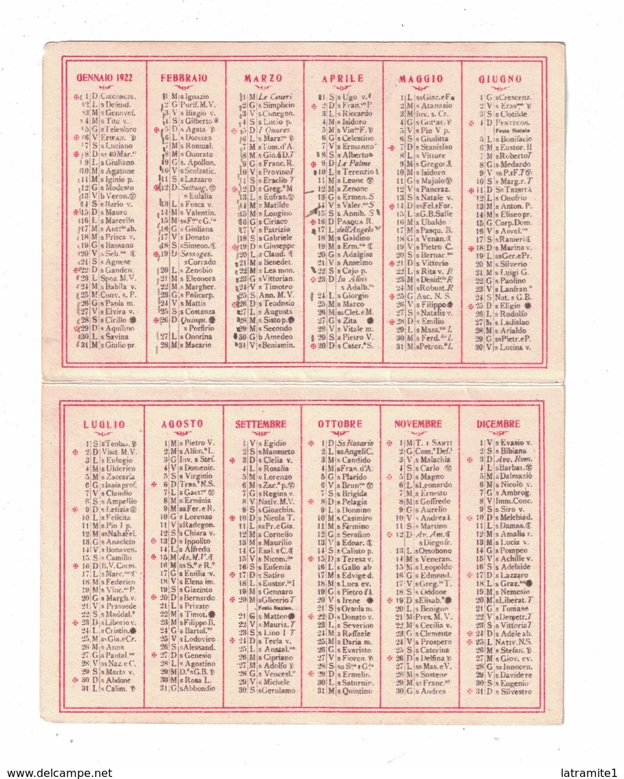 CALENDARIETTO  AMARO FELSINA RAMAZZOTTI  1922  SEMESTRINO - Altri & Non Classificati