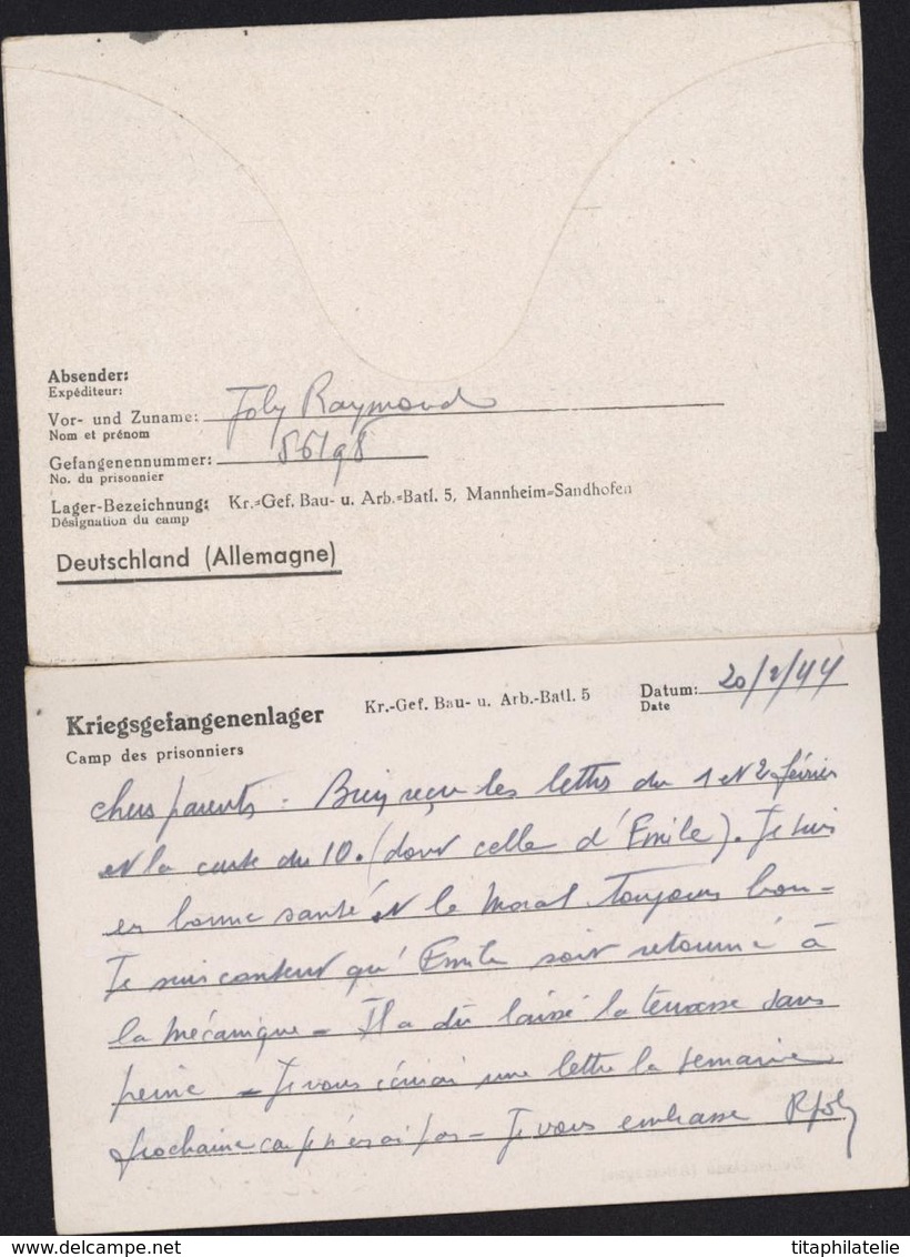 Kriegsgefangenenpost Correspondance Prisonnier Guerre Stalag Censure Geprüft KBAB5 Bataillon Maçons Mannheim Sandhofen - Brieven En Documenten