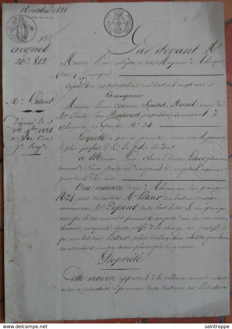 Manuscrit De 1821.Mme Fousset-Mesnil à Alençon,vend à Mr Latour,Pharmacien,maison 24 Rue Des Granges à Alençon. - Manuscripts