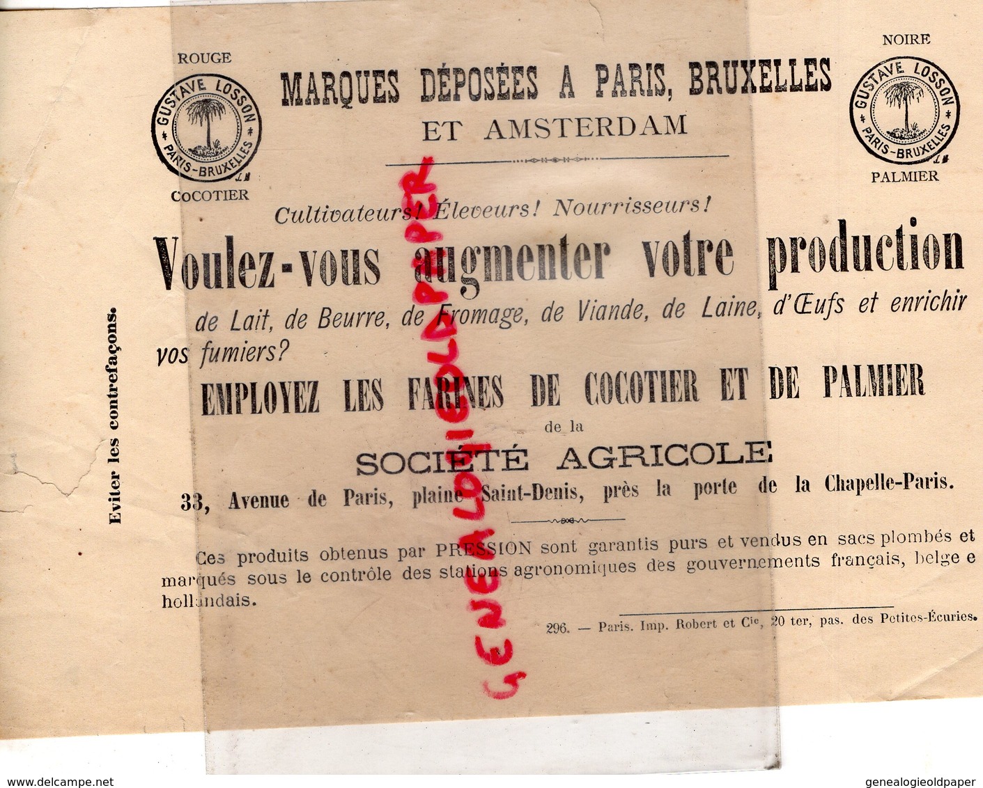 93- PLAINE ST SAINT DENIS-PORTE CHAPELLE PARIS-AMSTERDAM LETTRE GUSTAVE LOSSON-FARINES COCOTIER PALMIER-SOCIETE AGRICOLE - Landwirtschaft