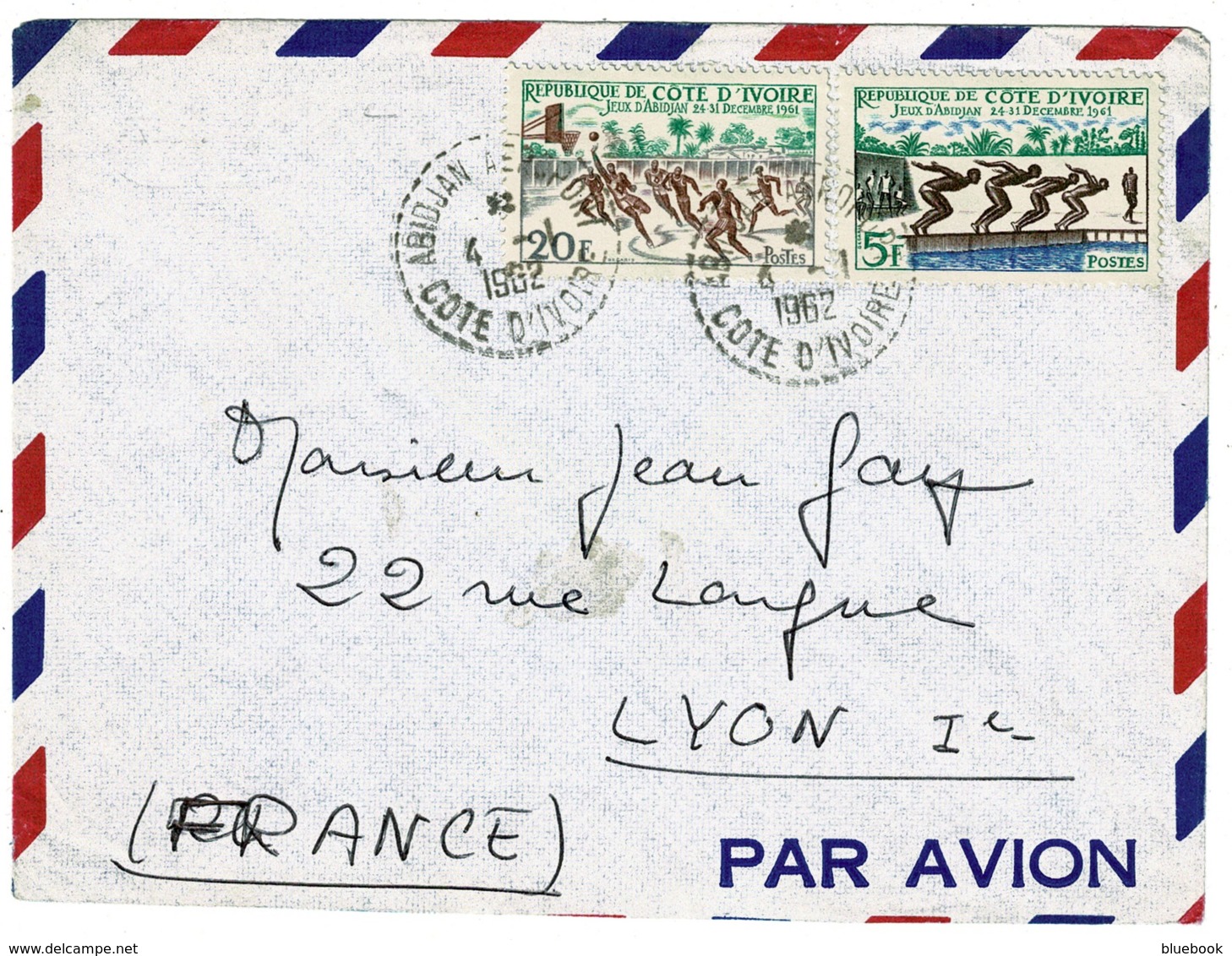 Ref 1244 - 1962 Airmail Cover - Cote D'Ivoire Ivory Coast - 25f Rate To Lyon France - Sport Theme - Basket Ball Swimming - Ivory Coast (1960-...)