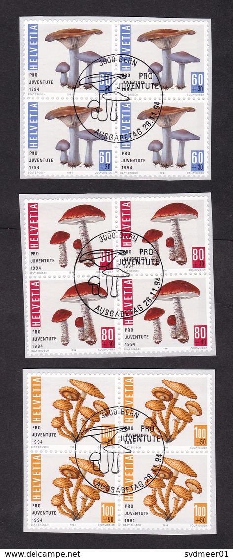 Switzerland: 12 Stamps On Paper, 1994, Mushrooms, Pro Juventute, Mushrooms, Fungus, First Day Cancel (traces Of Use) - Gebruikt