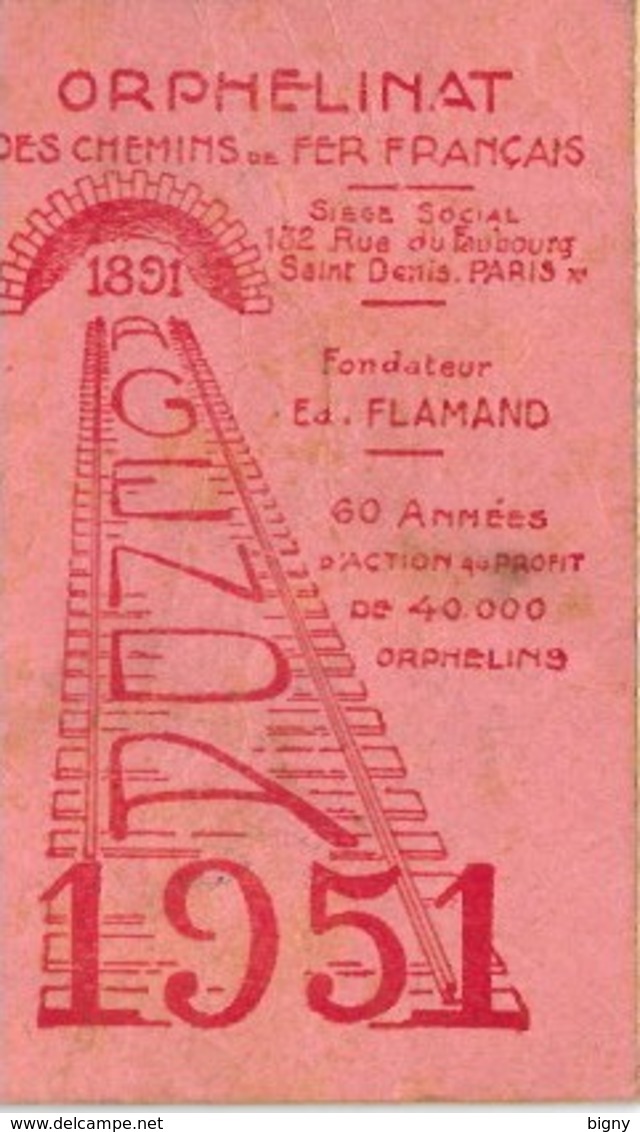 AGENDA   " ORPHELINAT Des CHEMINS De FER FRANÇAIS "  1951 - Petit Format : 1941-60