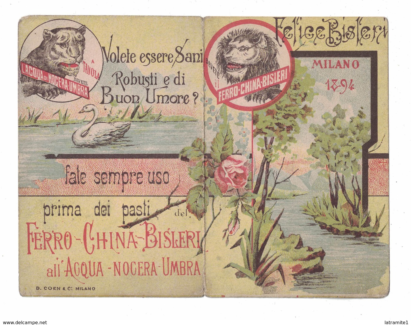 CALENDARIETTO   FERRO CHINA BISLERI  1894  SEMESTRINO - Altri & Non Classificati