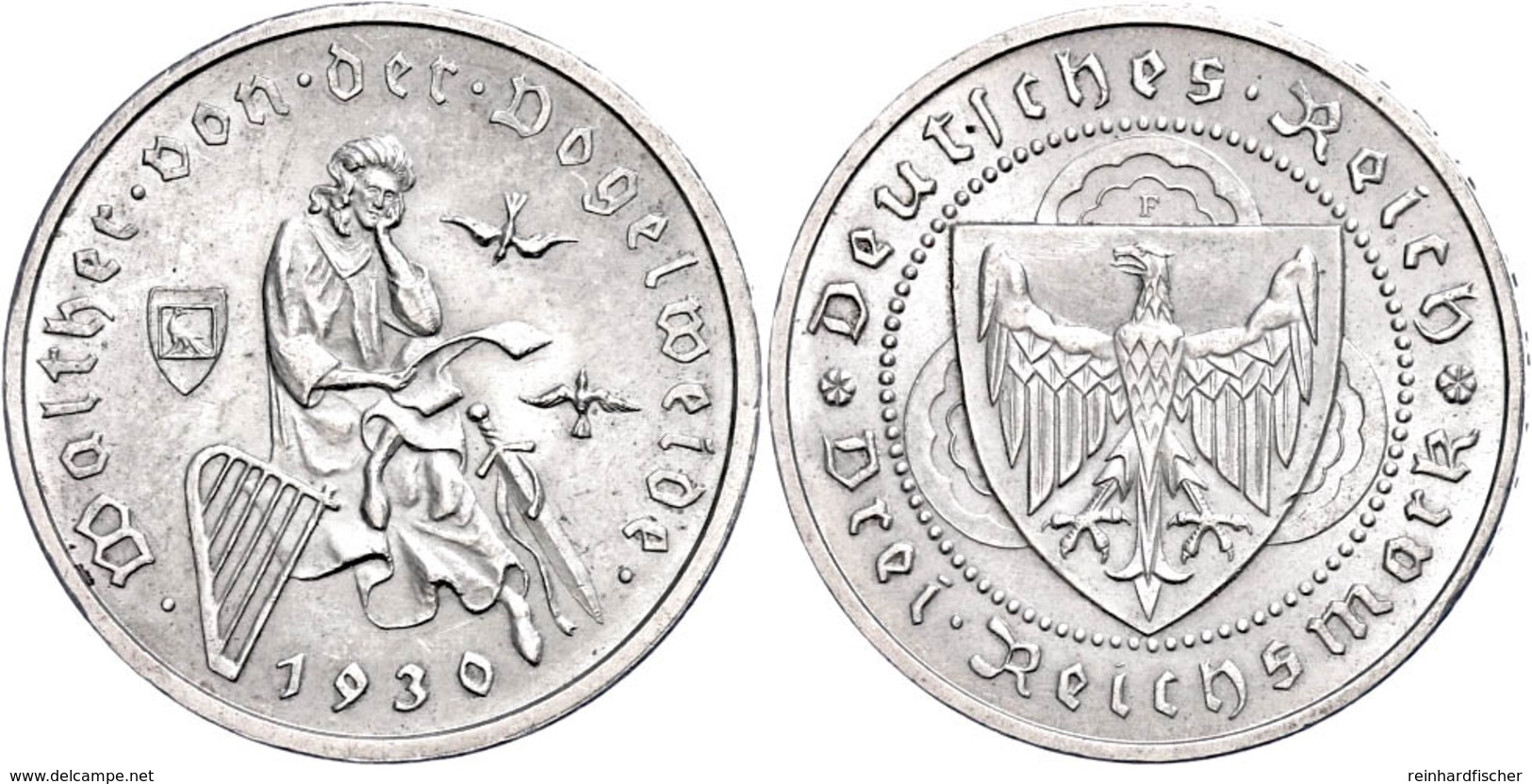 3 Reichsmark, 1930, F, Vogelweide, Vz., Katalog: J. 344 Vz - Otros & Sin Clasificación