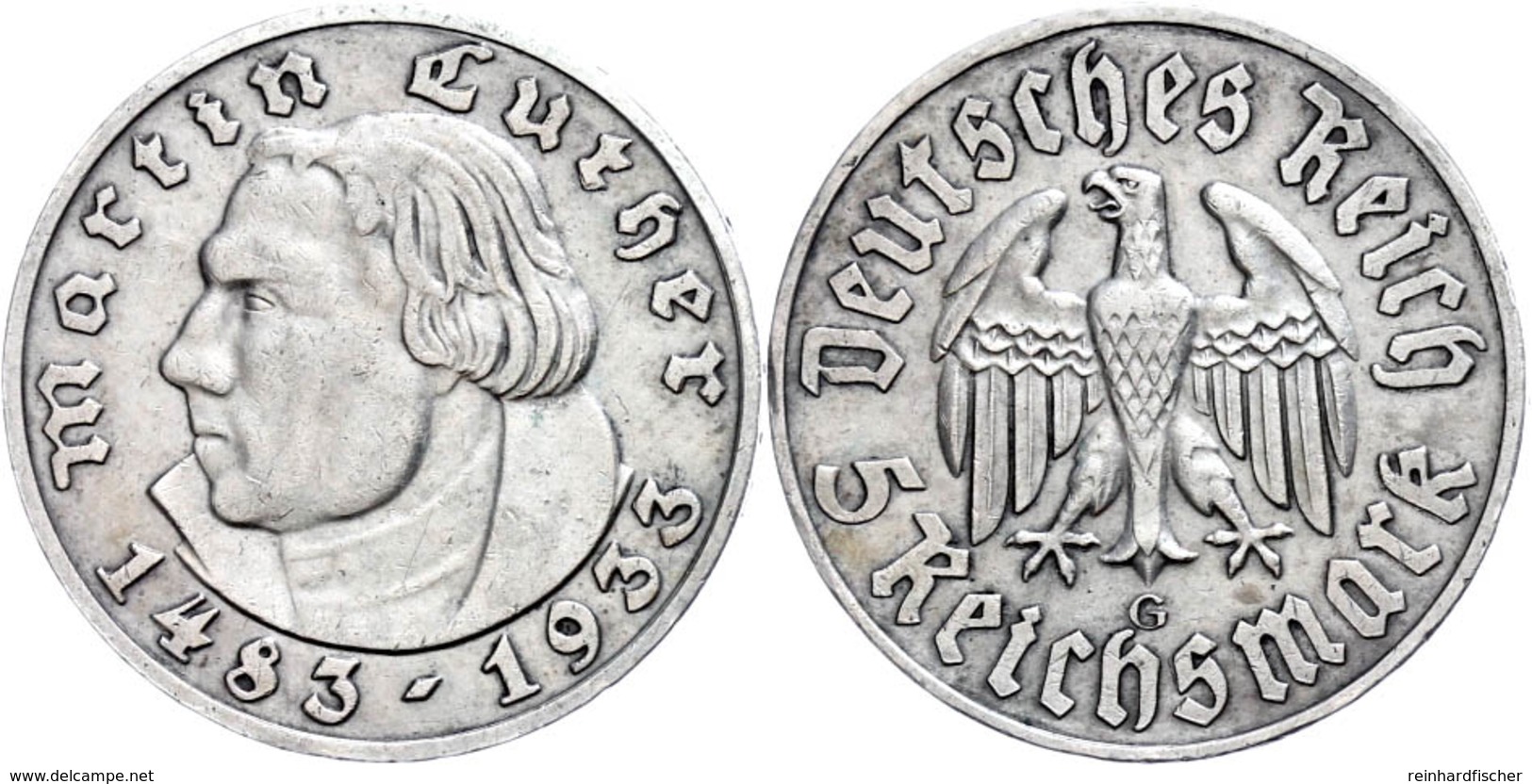 5 Reichsmark, 1933, G, Martin Luther, Kl. Rf., Ss., Katalog: J. 353 Ss - Other & Unclassified