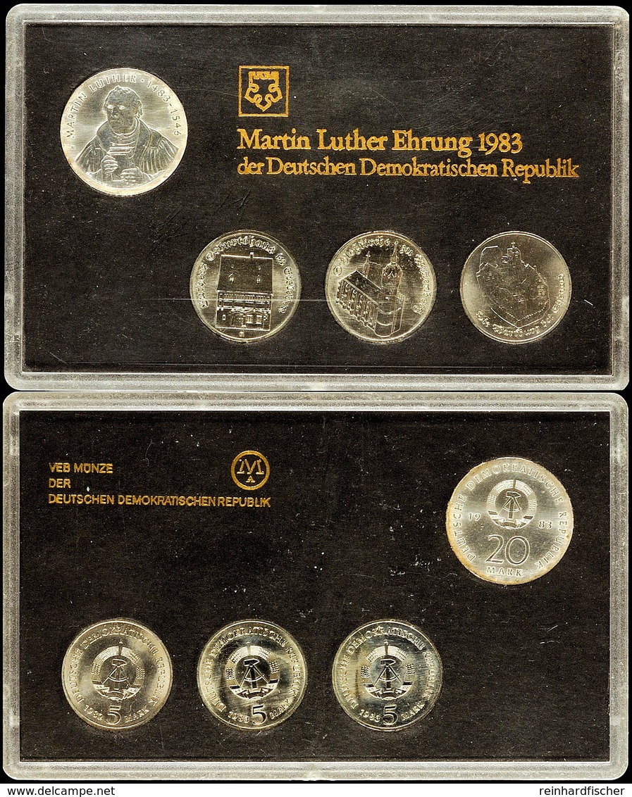 Gedenksatz Martin Luther Ehrung, 1983, Mit 4 Prägungen, Dabei 20 Mark Luther 1983, 5 Mark Luthers Geburtshaus 1983, 5 Ma - Mint Sets & Proof Sets