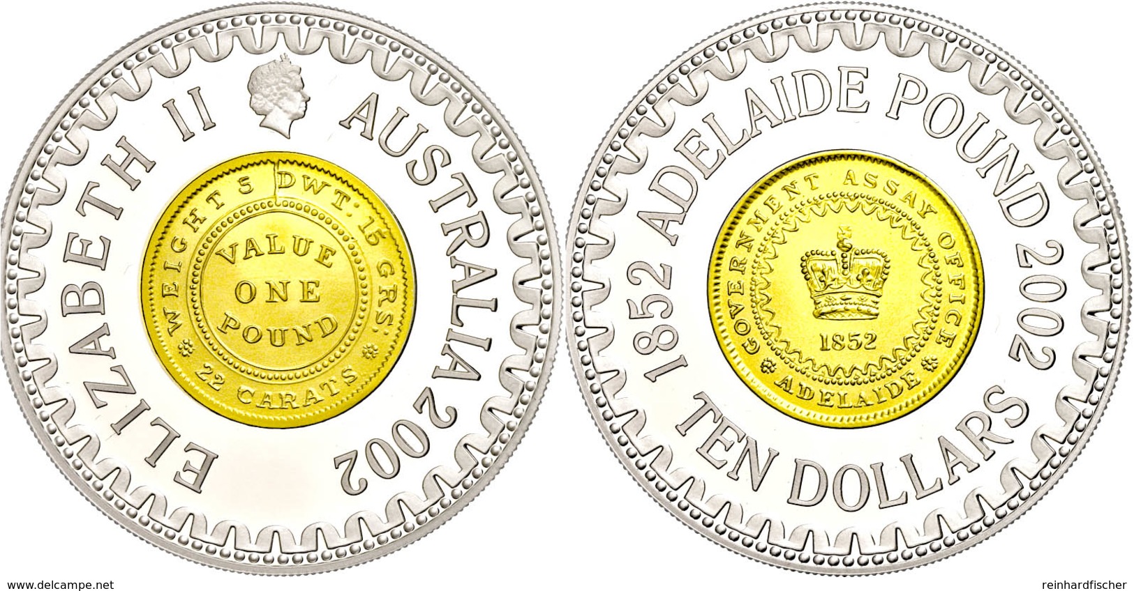 10 Dollars, 2002, Australische Münzgeschichte - Pound 1852, Teilvergoldet, KM 661, Schön 683, Im Etui Mit OVP Und Zertif - Sonstige & Ohne Zuordnung