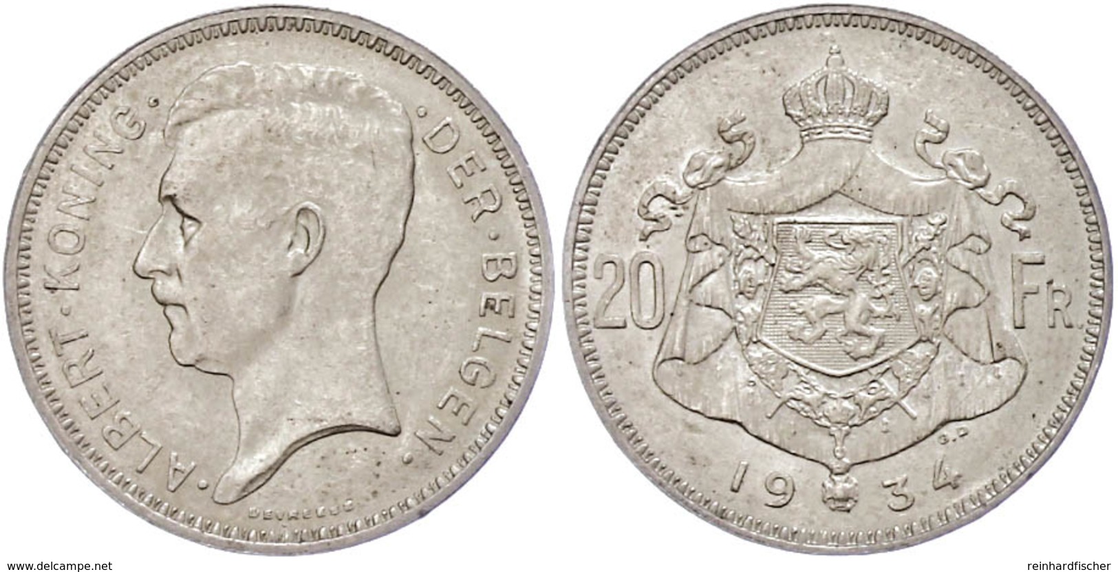 20 Francs, 1934, Albert I., Der Belgen, Randfehler, Vz.  Vz - Otros & Sin Clasificación