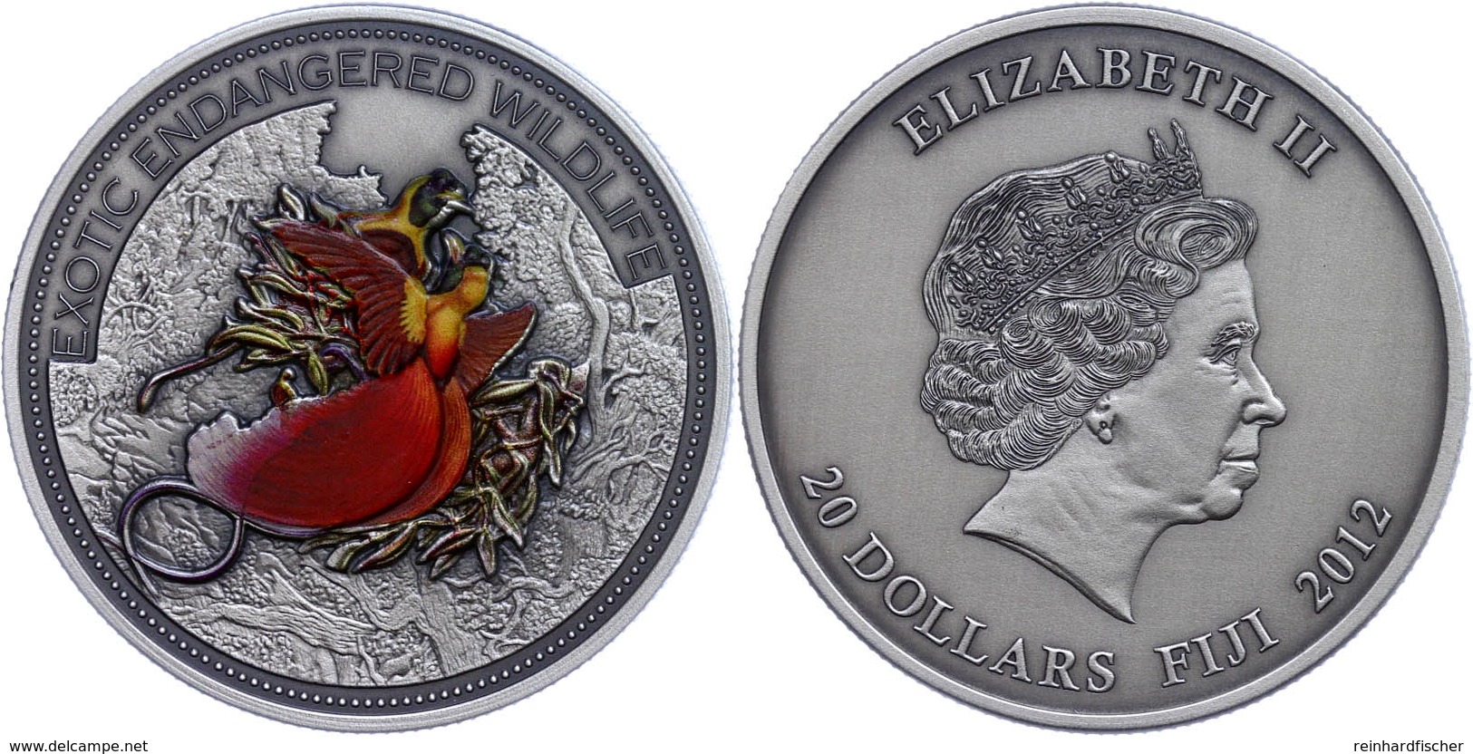20 Dollars, 2014, Paradiesvogel, 2 Unze Silber, Coloriert, Antik Finish, Etui Mit OVP Und Zertifikat. Auflage Nur 500 St - Fiji