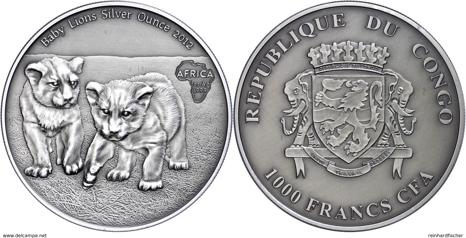 1.000 Francs, 2013, Africa - Babylöwen, 1 Unzen Silber, Antik Finish, In Kapsel Mit Zertifikat, St. Auflage Nur 2.000 St - Kongo - Zaire (Dem. Republik, 1964-70)