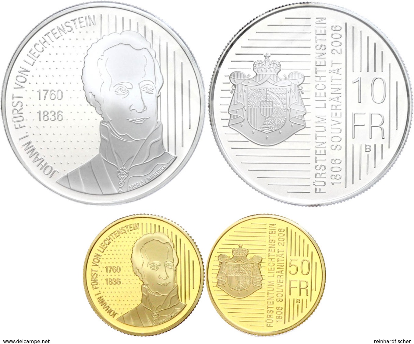 Set Zu 10 Franken Silber Und 50 Franken Gold, 2006, 200 Jahre Souveränität Des Fürstentums Liechtenstein, 10 Franken KM  - Liechtenstein