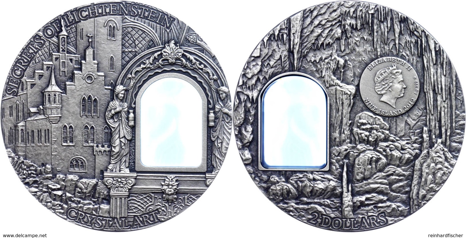 2 Dollars, 2012, Crystal Art - Secrets Of Lichtenstein, 2 Unze Silber, Oxidiert, Etui Mit OVP Und Zertifikat, St. Auflag - Niue