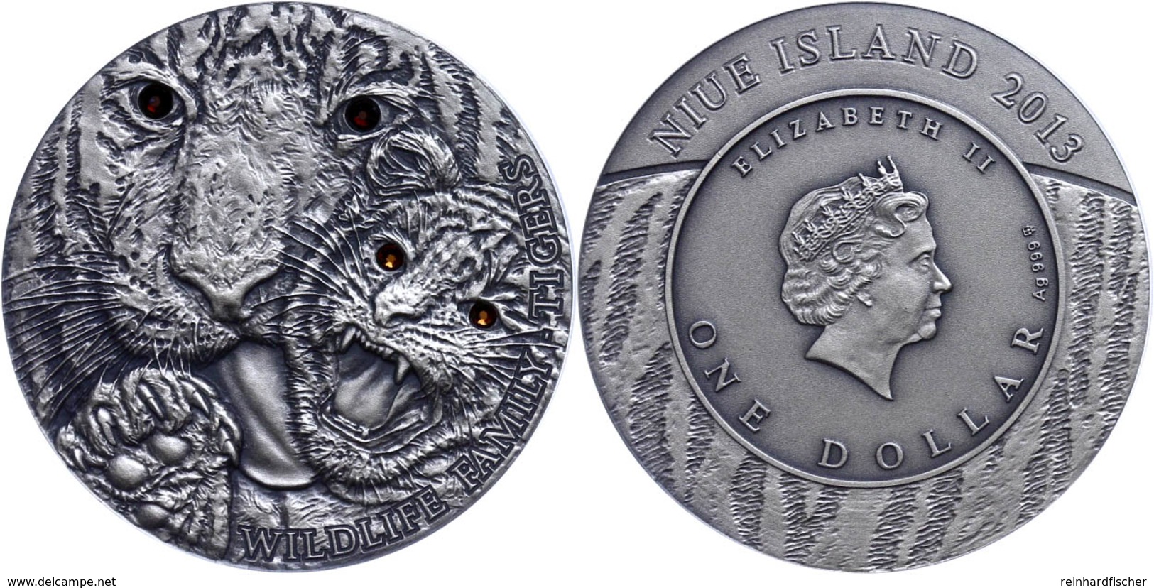 1 Dollar, 2013, Tiger, 1 Unze Silber, Antik Finish, Mit Swarovski, Etui Mit OVP Und Zertifikat, St. Auflage Nur 999 Stüc - Niue