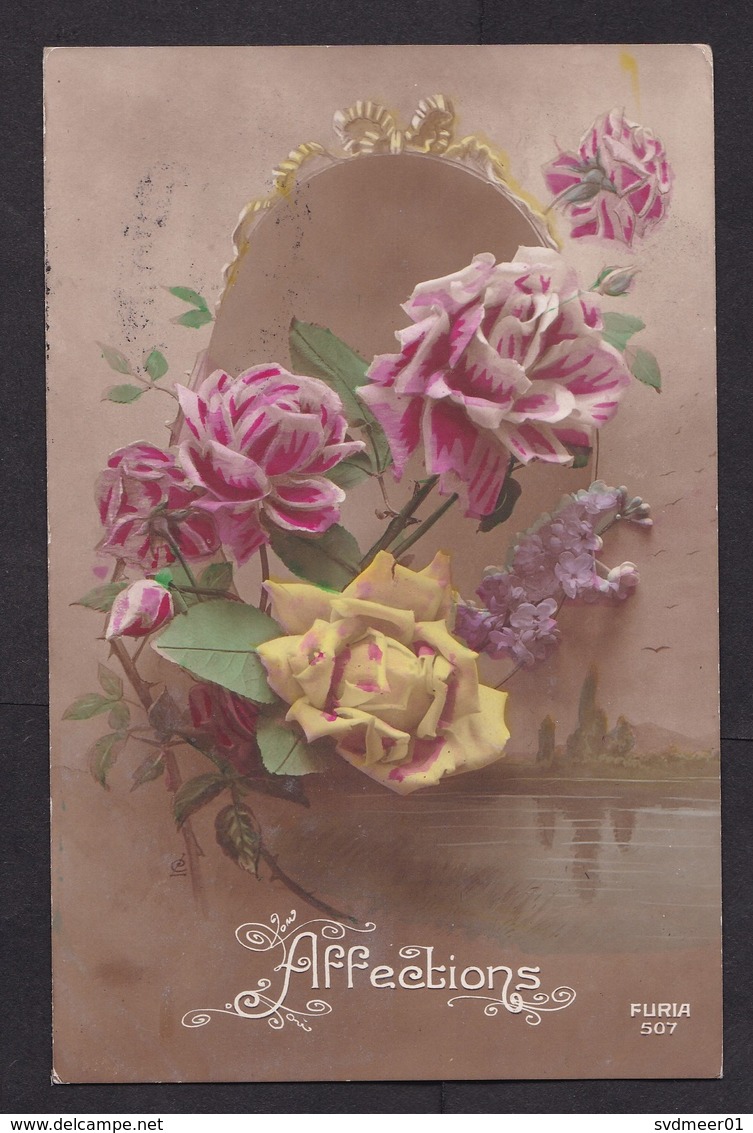 Belgium: Picture Postcard To Netherlands, 1917?, 1 Stamp, Censored, Censor Cancel, Card: Flowers (traces Of Use) - 1915-1920 Albert I