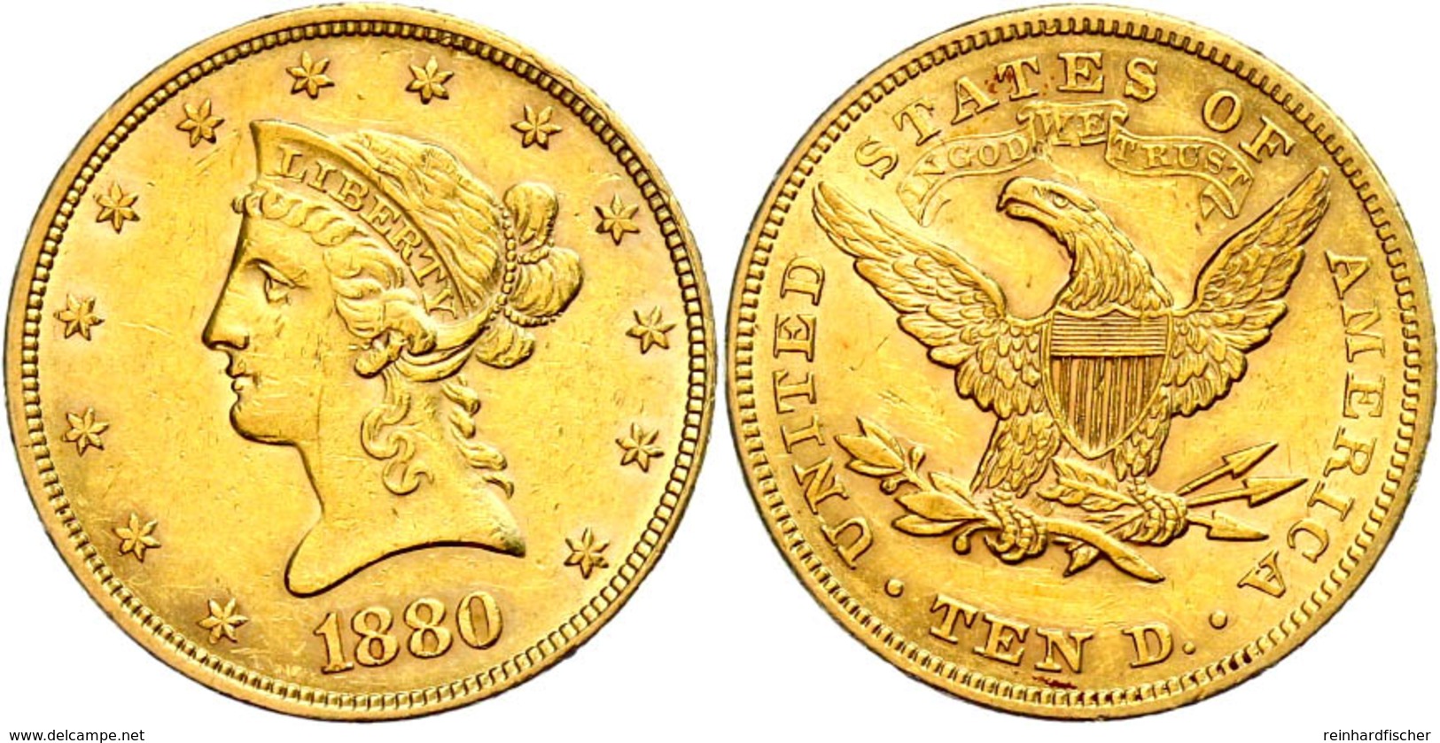 10 Dollars, Gold, 1880, Liberty Head, Philadelphia, Fb. 158, Wz. Rf., Ss-vz.  Ss-vz - Sonstige & Ohne Zuordnung