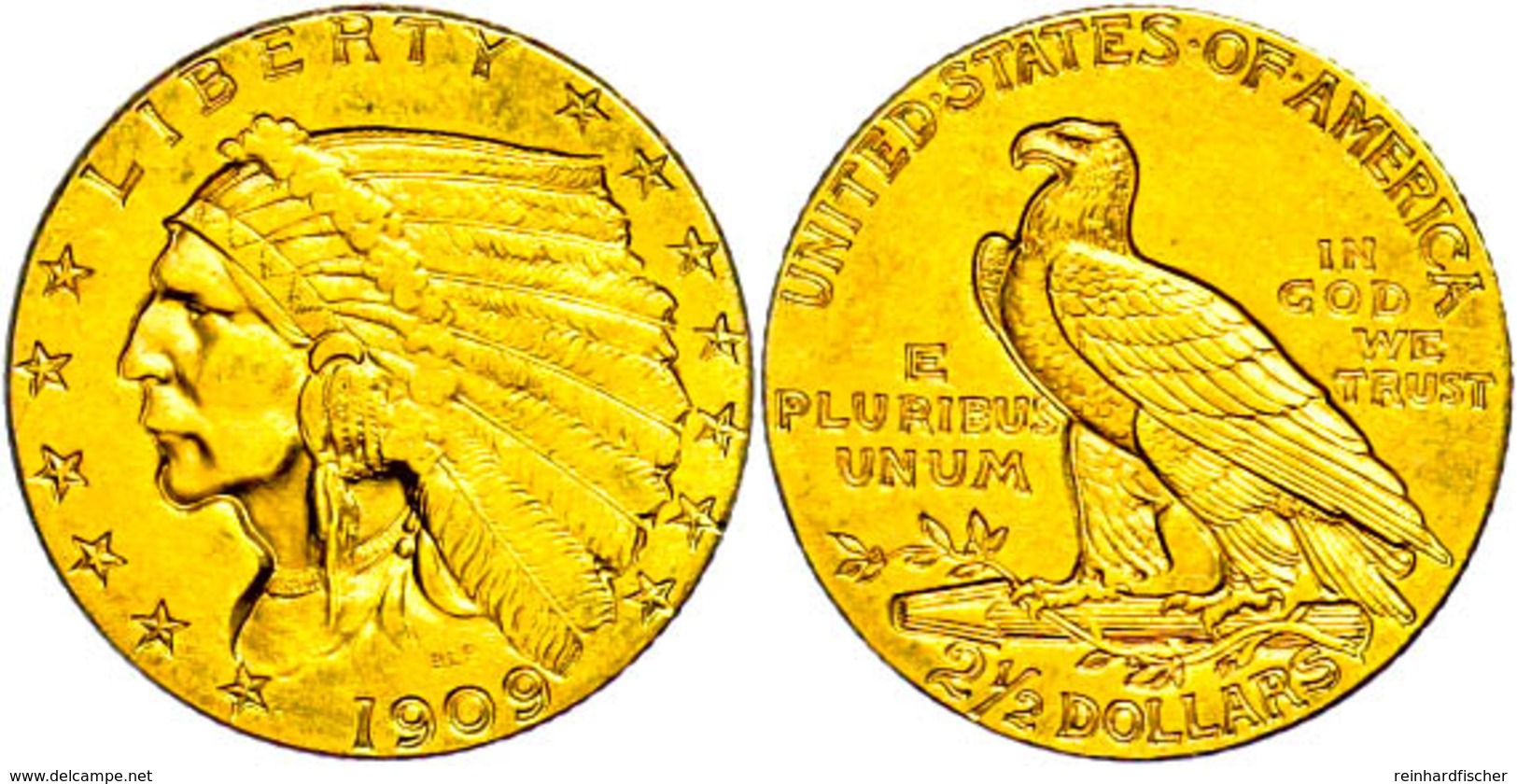 2 1/2 Dollars, Gold, 1909, Indian Head, Philadelphia, Fb. 120, F. Vz. - Altri & Non Classificati