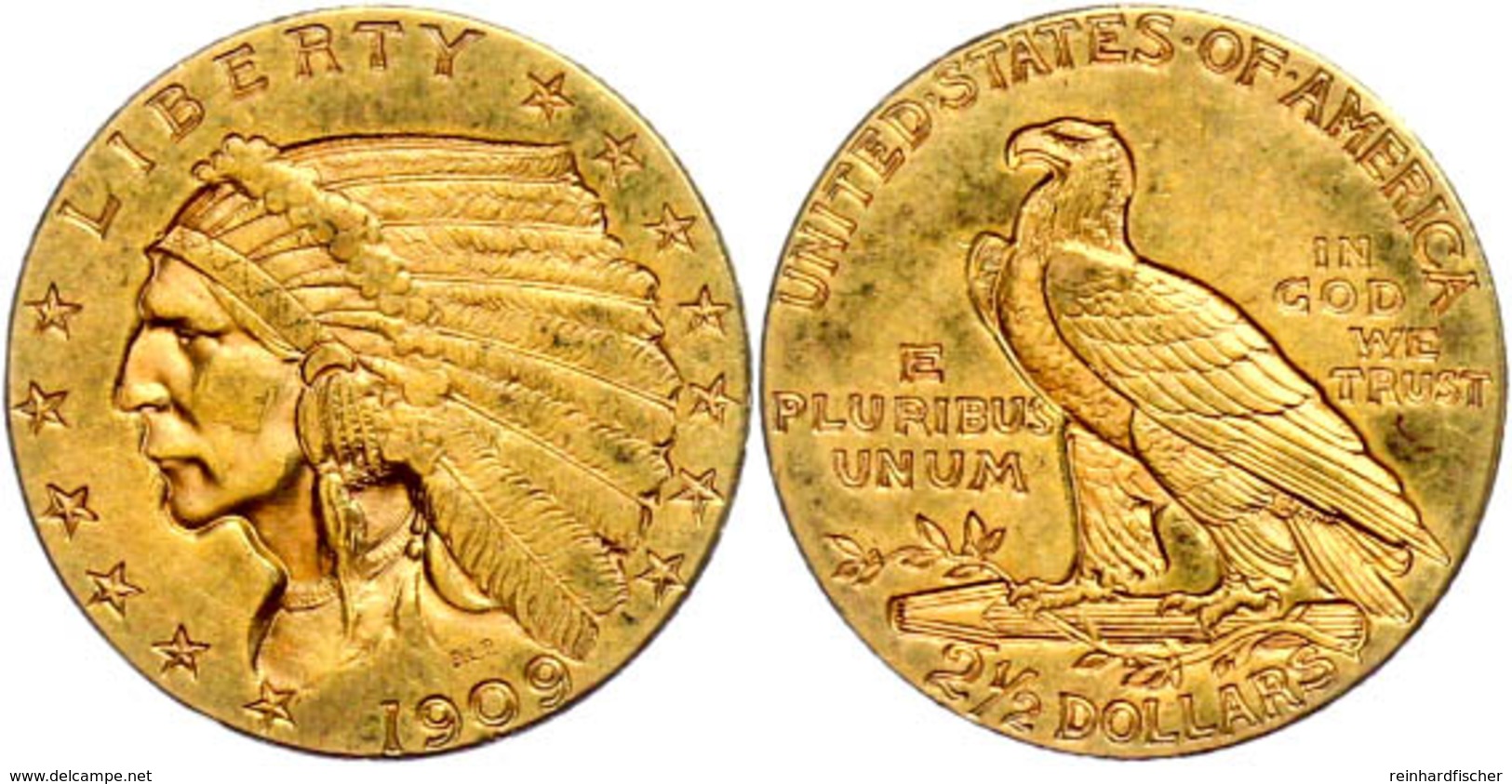 2 1/2 Dollars, Gold, 1909, Indian Head, Philadelphia, Fb. 120, Ss-vz.  Ss-vz - Sonstige & Ohne Zuordnung