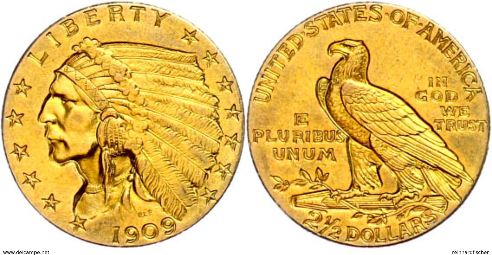 2 1/2 Dollars, Gold, 1909, Indian Head, Philadelphia, Fb. 120, Ss-vz.  Ss-vz - Altri & Non Classificati