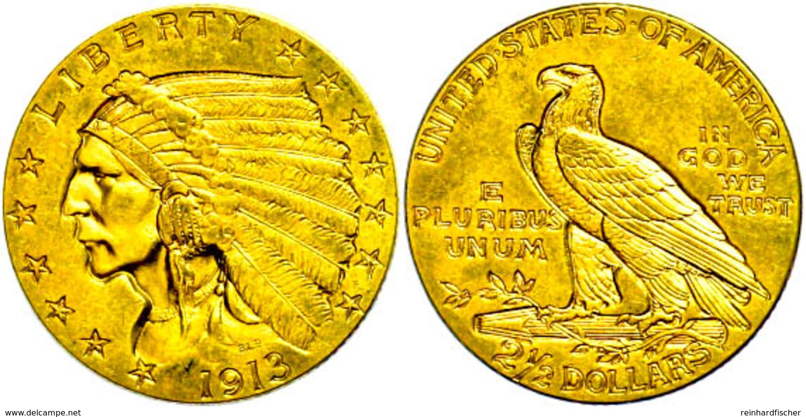2 1/2 Dollars, Gold, 1913, Indian Head, Fb. 120, Ss-vz.  Ss-vz - Sonstige & Ohne Zuordnung