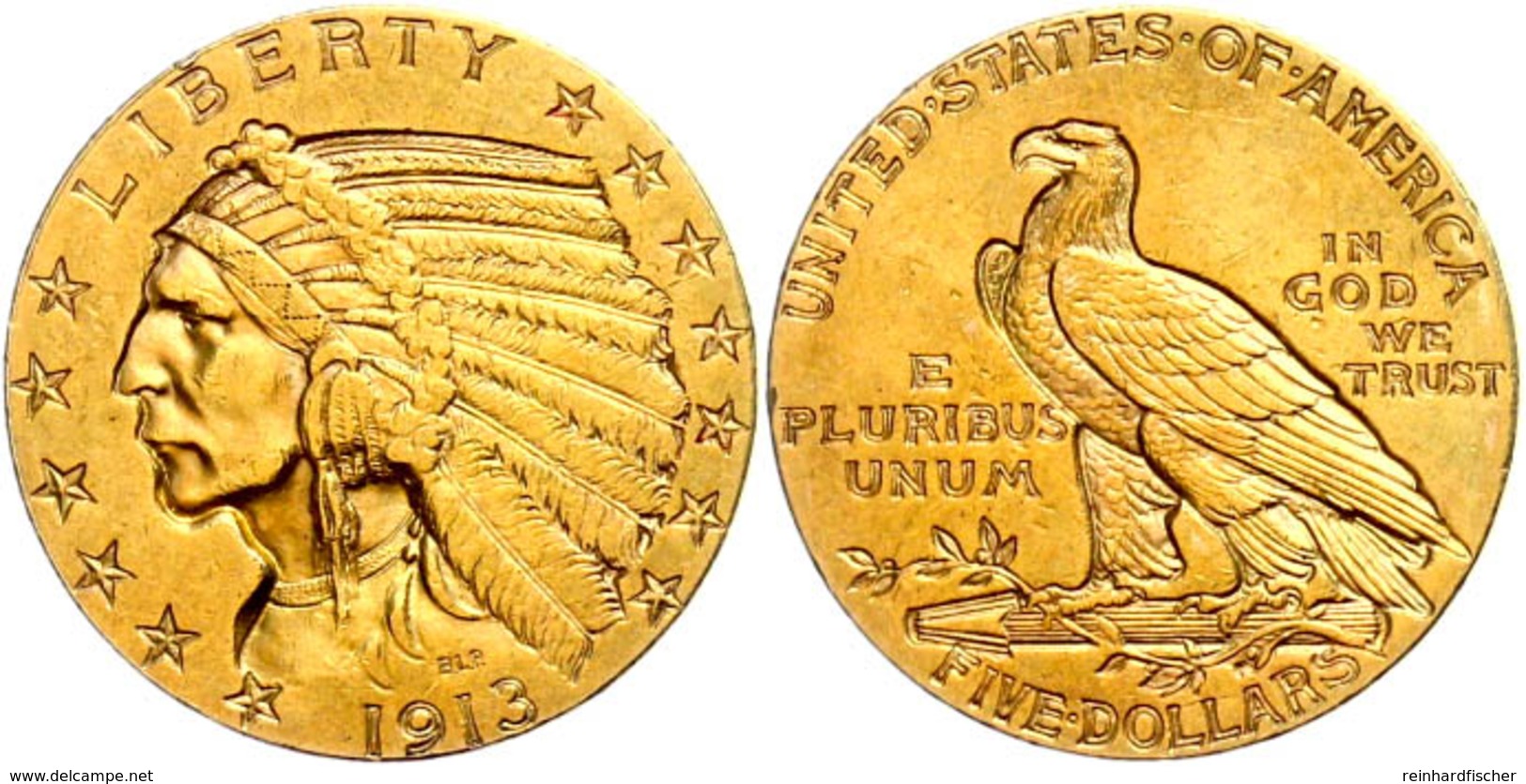 5 Dollars, Gold, 1913, Indian Head, Fb. 148, Ss-vz.  Ss-vz - Sonstige & Ohne Zuordnung