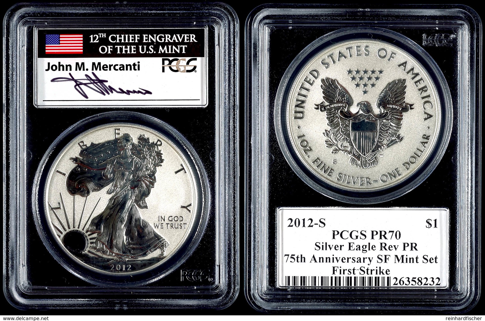 1 Dollar, 2012, S, Silver Eagle, In Slab Der PCGS Mit Der Bewertung PR70, 75. Jahrestag SF Mint Set, Reverse Proof, Firs - Sonstige & Ohne Zuordnung