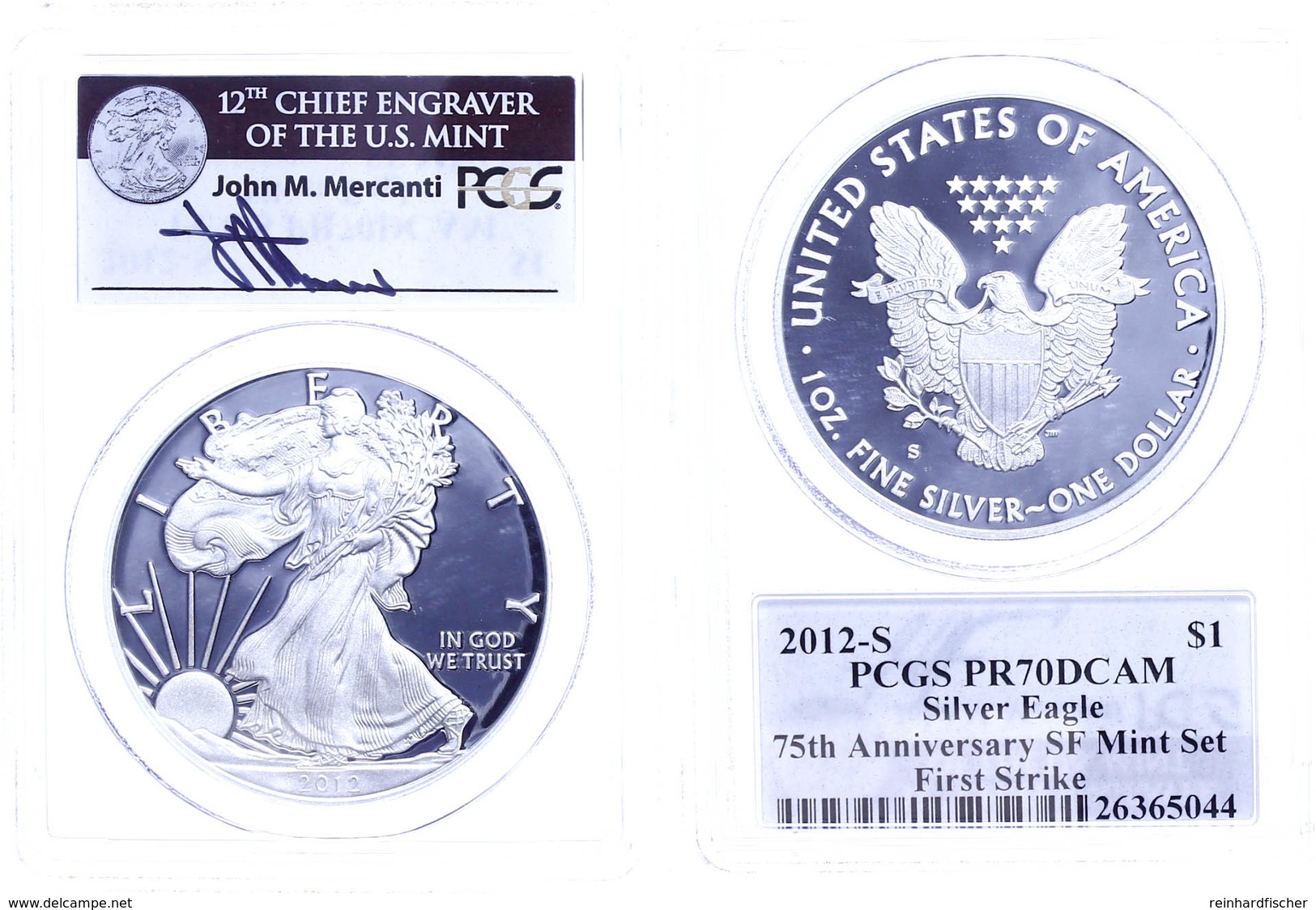 1 Dollar, 2012, S, Silver Eagle, In Slab Der PCGS Mit Der Bewertung PR70DCAM, 75. Jahrestag SF Mint Set, First Strike, J - Other & Unclassified