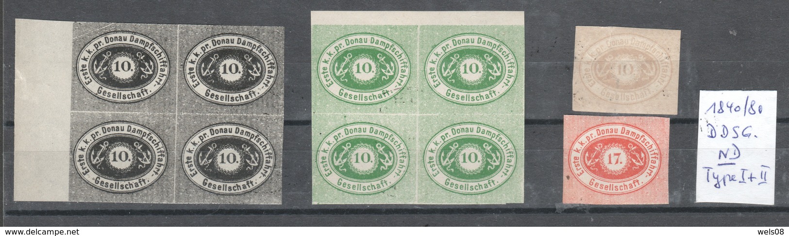 Österreich 1868/79: DDSG 10 Kr. Sehr Schöne 4er Blöcke Probedruck + 10 + 17 Ungezähnt - Neufs