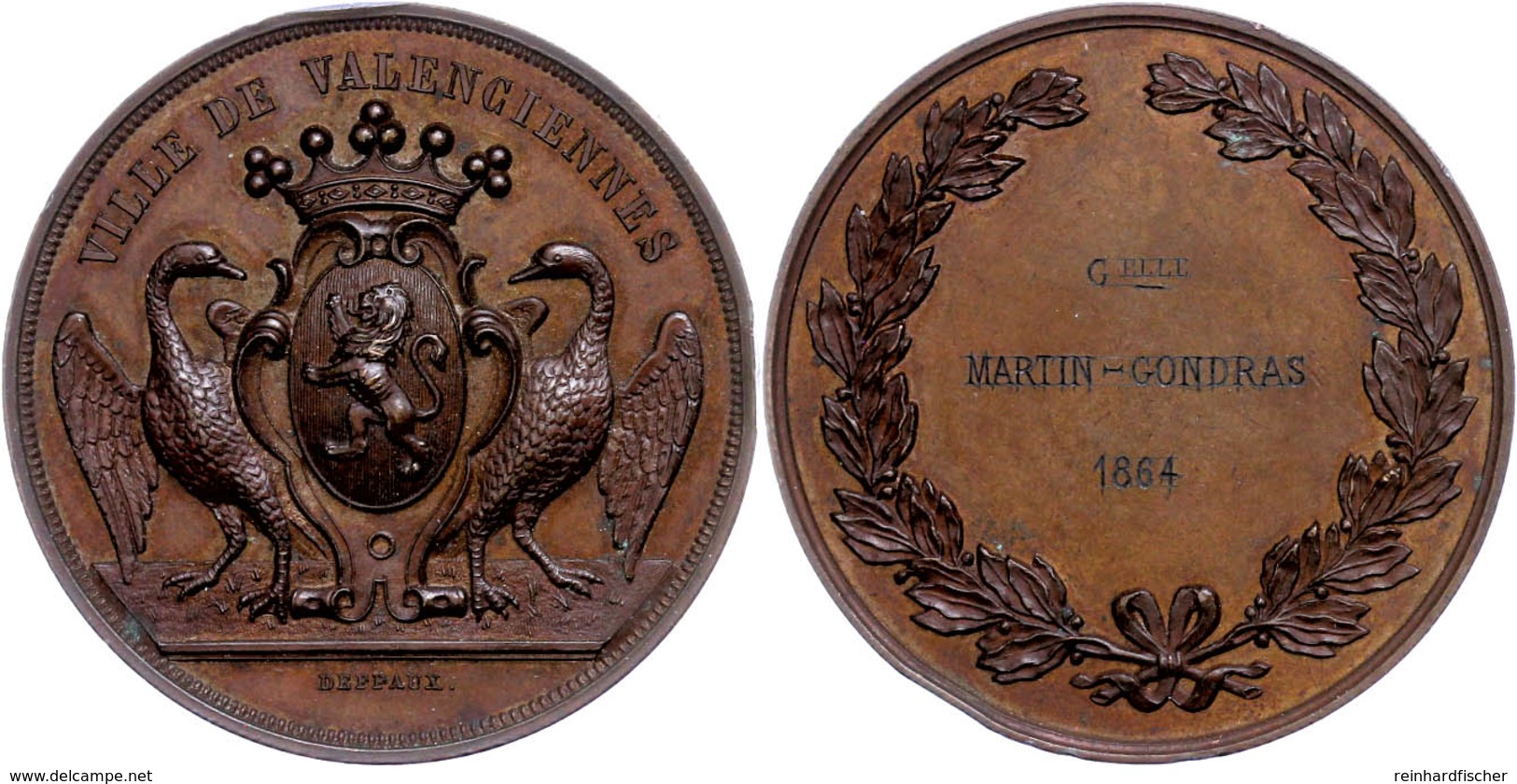 Frankreich, Valenciennes, Bronzemedaille (Dm. Ca. 41,70mm, Ca. 27,21g), 1864, Von Deffaux. Av: Gekröntes Wappen, Links U - Other & Unclassified