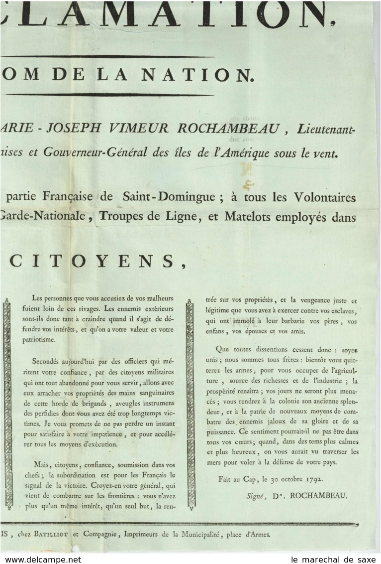 Saint-Domingue 1792 Affiche General Rochambeau Esclaves Proclamation Aux Hommes Libres Haiti Cap-Francais - Documenti Storici