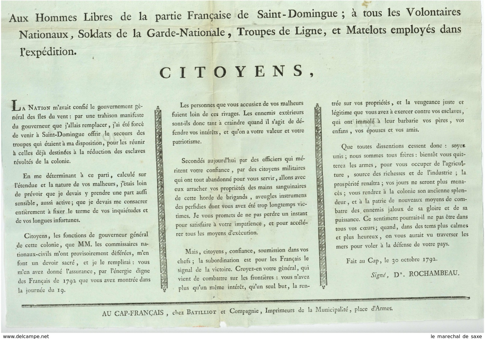Saint-Domingue 1792 Affiche General Rochambeau Esclaves Proclamation Aux Hommes Libres Haiti Cap-Francais - Historical Documents