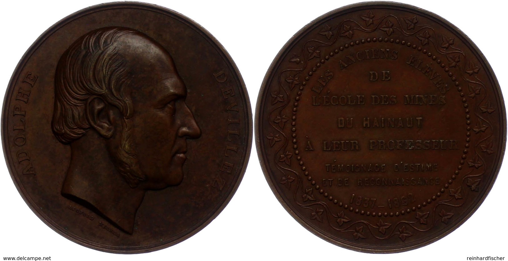 Belgien, Bronzemedaille (Dm. Ca. 55mm, Ca. 80,97g), Von L. Wiener, Auf Adolphe Devillez. Av: Kopf Nach Rechts, Darum Ums - Sonstige & Ohne Zuordnung