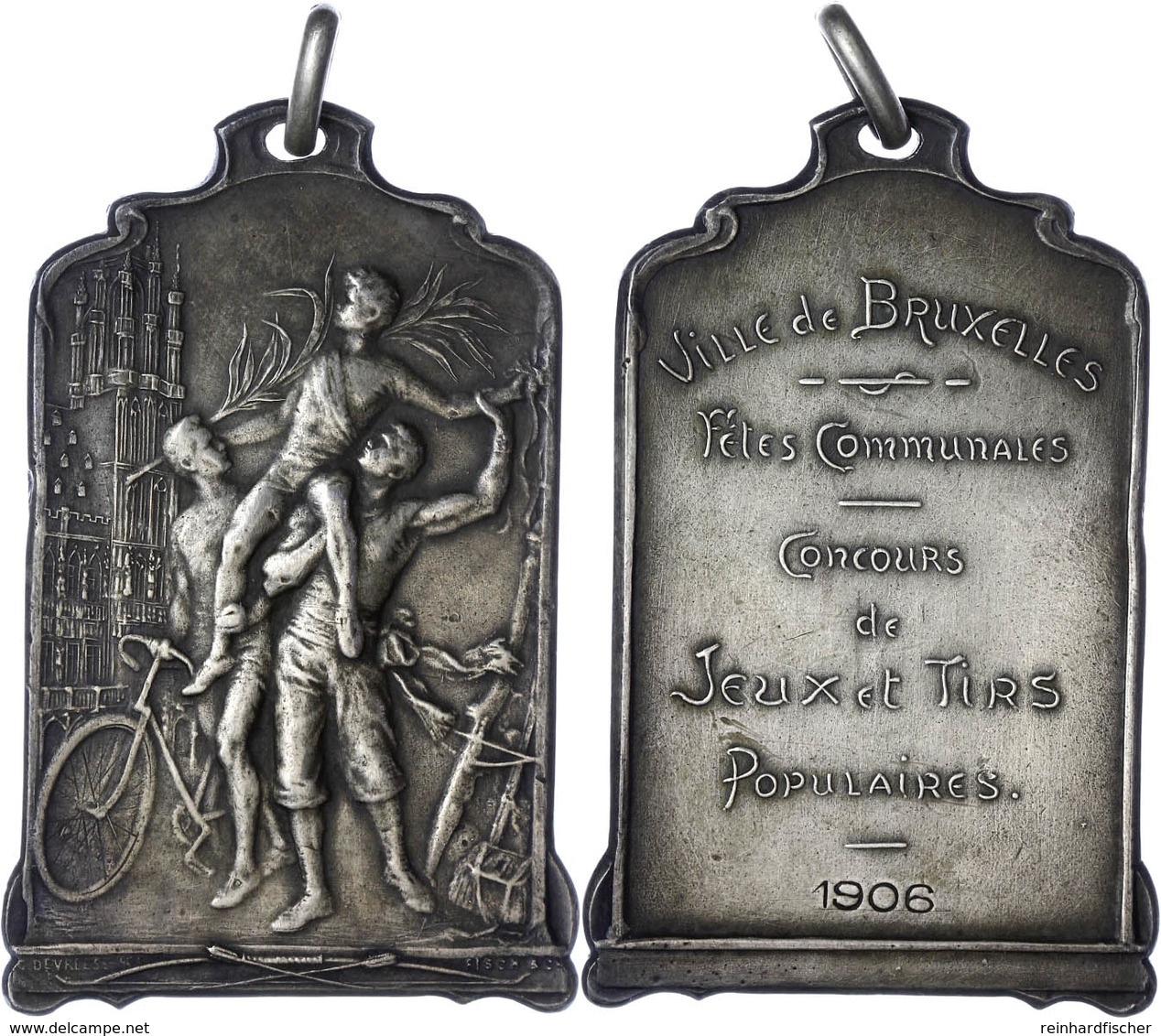 Belgien, Brüssel, Versilberte Und Gehenkelte Bronzeplakette (ca. 65x40mm, Ca. 49,86g), 1906, Von C. Devreese Und S. Fisc - Sonstige & Ohne Zuordnung
