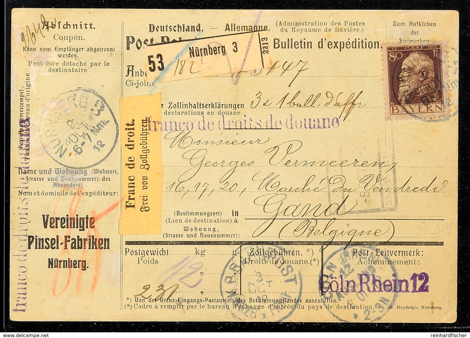 80 Pfg Luitpold, Type I, Als EF Auf Auslands-Paketkarte, Von "NÜRNBERG 3 2 OCT. 12" Nach Gand/Belgien, Absendervordruck  - Other & Unclassified