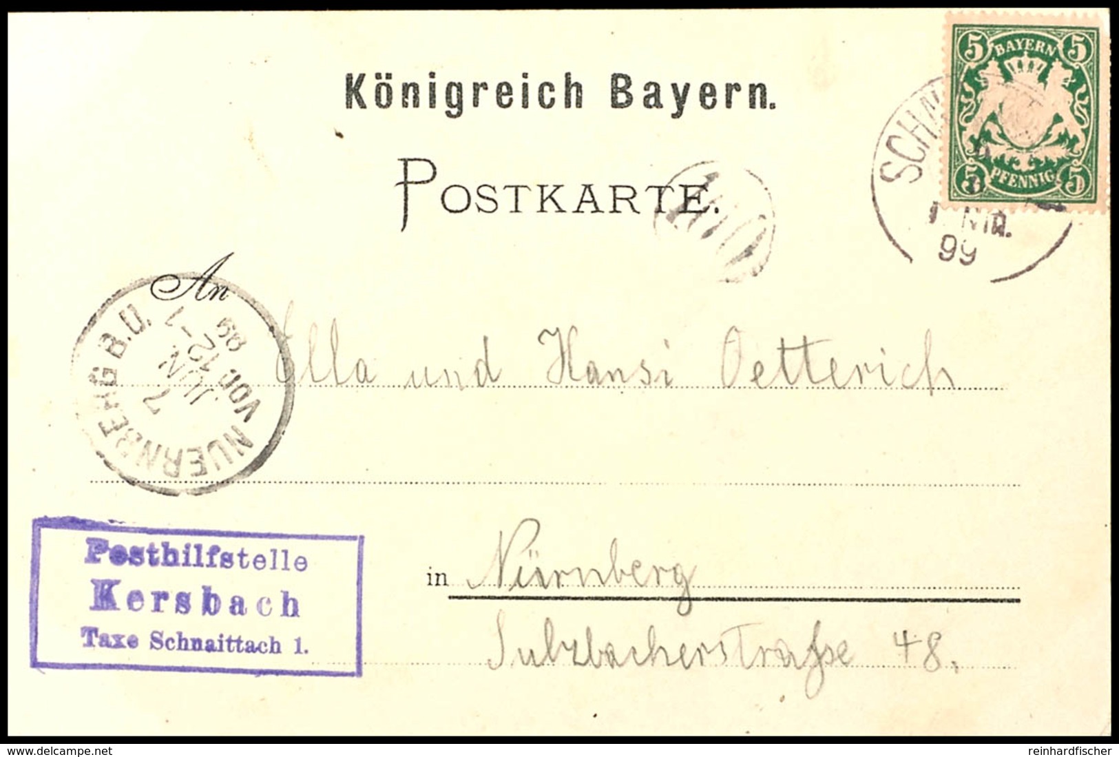 Posthilfsstelle Kersbach, Taxe Schnaittach1, Glasklarer Blauer Stempel Auf Farblitho-AK Von Kersbach 1899 Nach Nürnberg, - Sonstige & Ohne Zuordnung