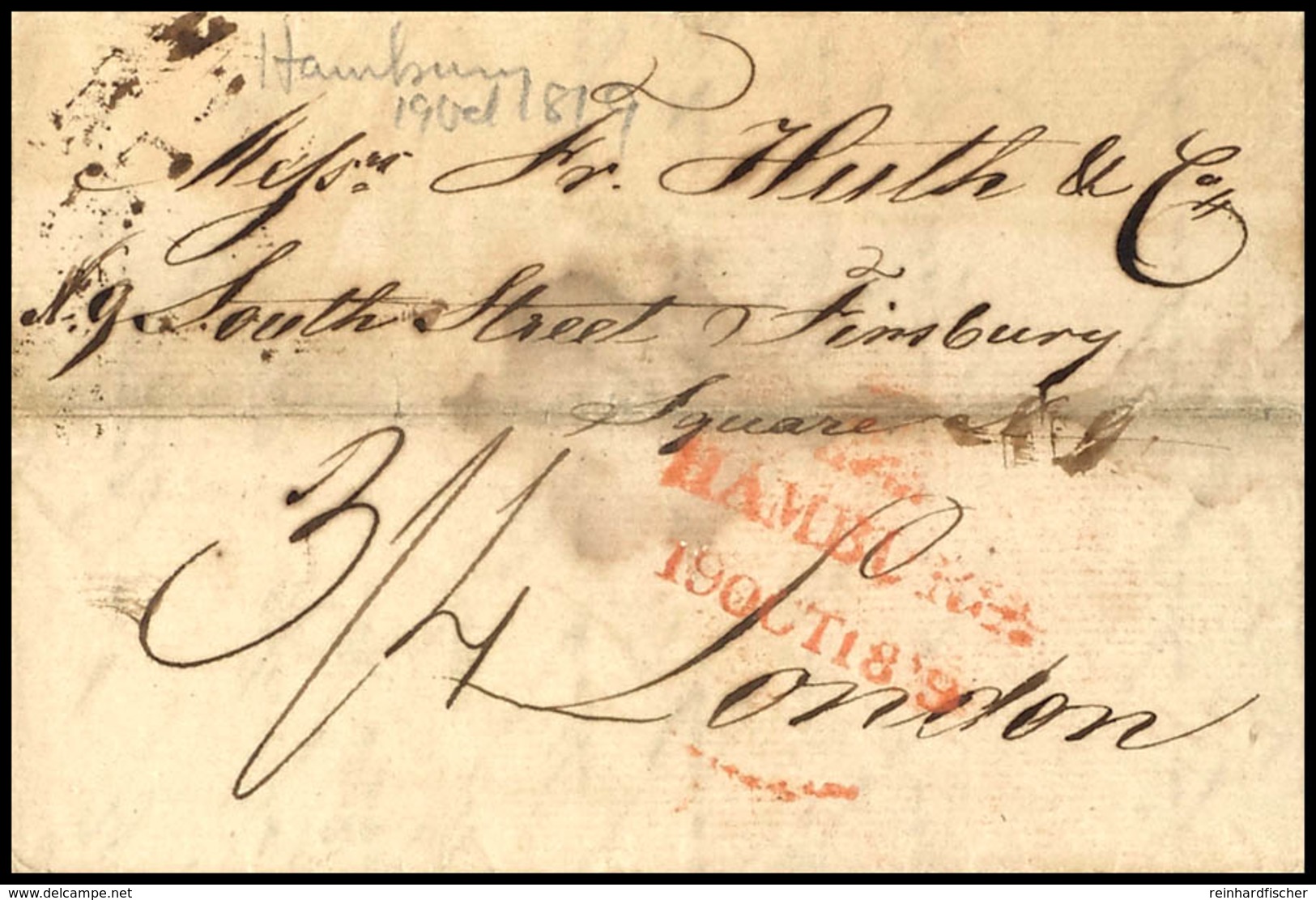 1817, Brief Mit Dem Seltenen Roten "Turmstempel" Von "HAMBURG / 19.OCT 1819" Nach London, Horizontal Gefaltet, Sonst Ein - Hamburg