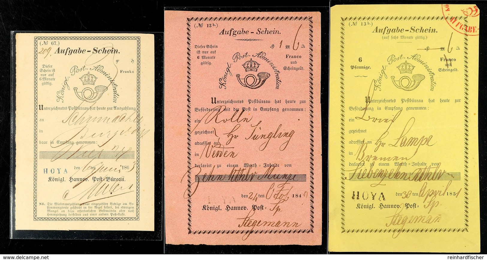 "HOYA" - Blauer, Kleiner L1 (16 Mm) Auf Weißem Postschein Aus 1863 Und Schwarzer, Größerer L1 (19 Mm) "HOYA" Aus Rotem P - Hanovre