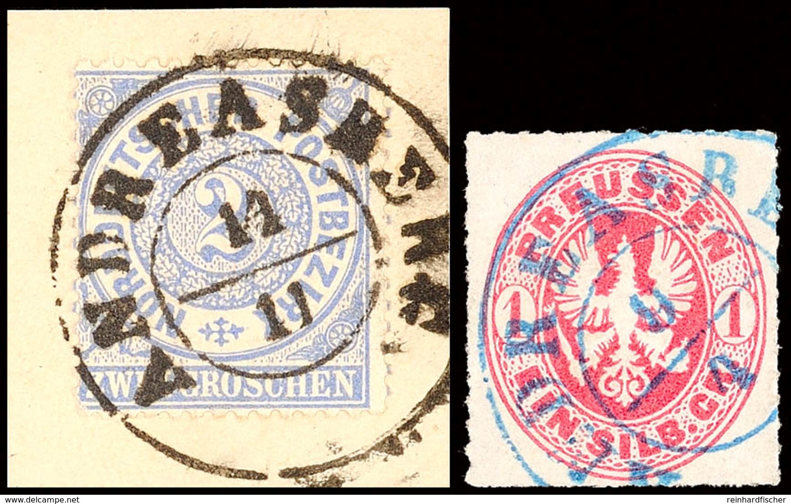 "ANDREASBERG" - Blauer K2, Zentrisch Klar Auf Preußen 1 Sgr. (sign. Flemming) Und Schwarzer K2 Zentrisch Auf Briefstück  - Hannover