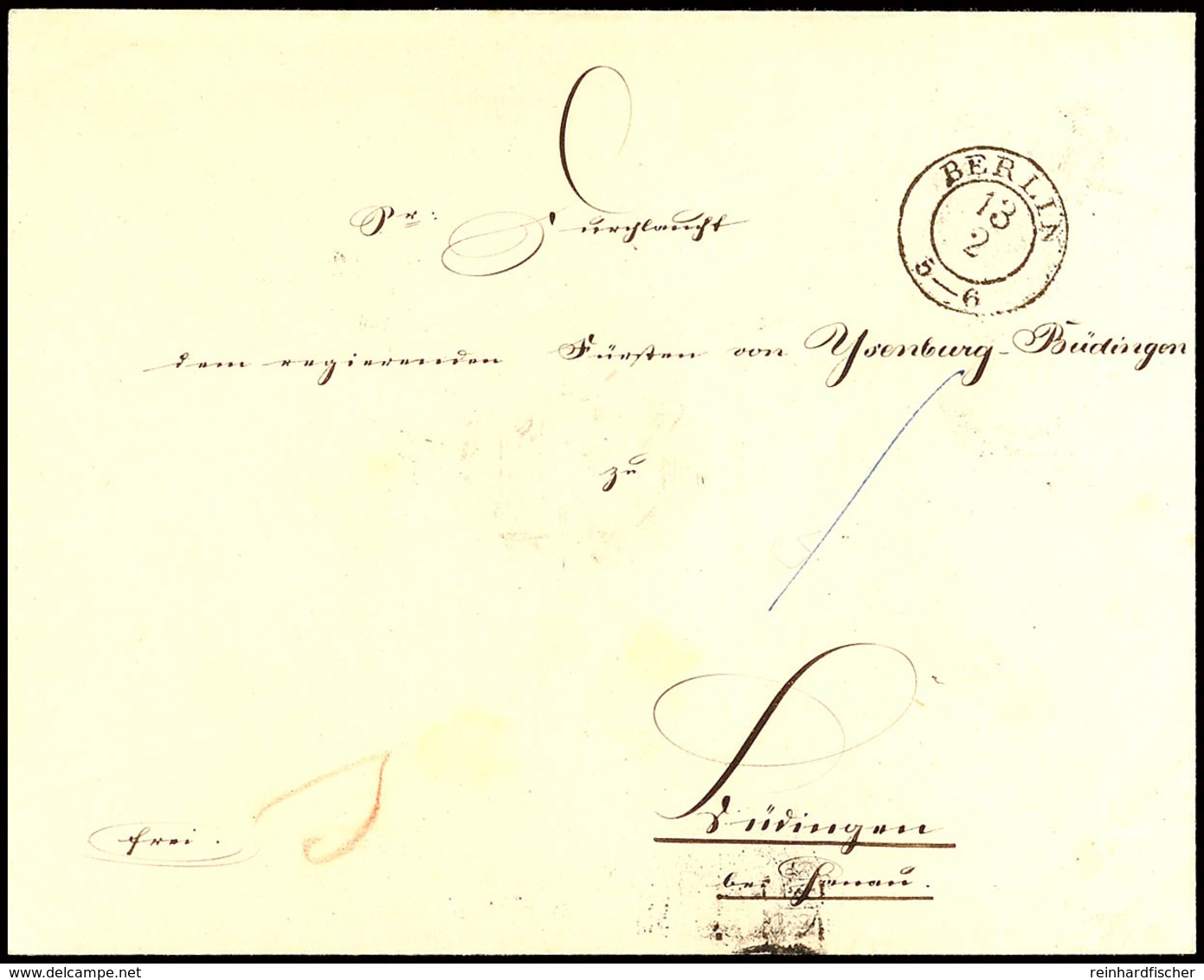 "BERLIN 13/2 (1854)" - K2, KBHW 12 A, Klar Auf Austaxiertem Briefkuvert über Frankfurt/M. Nach Büdingen An Den Regierend - Autres & Non Classés