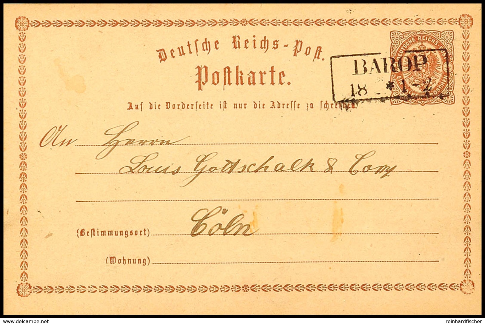 "BAROP 18 2 (1874)" - Ra2, OPD Arnsberg, Auf GS-Postkarte DR 1/2 Gr. Nach Cöln, Katalog: DR P1 BF - Sonstige & Ohne Zuordnung