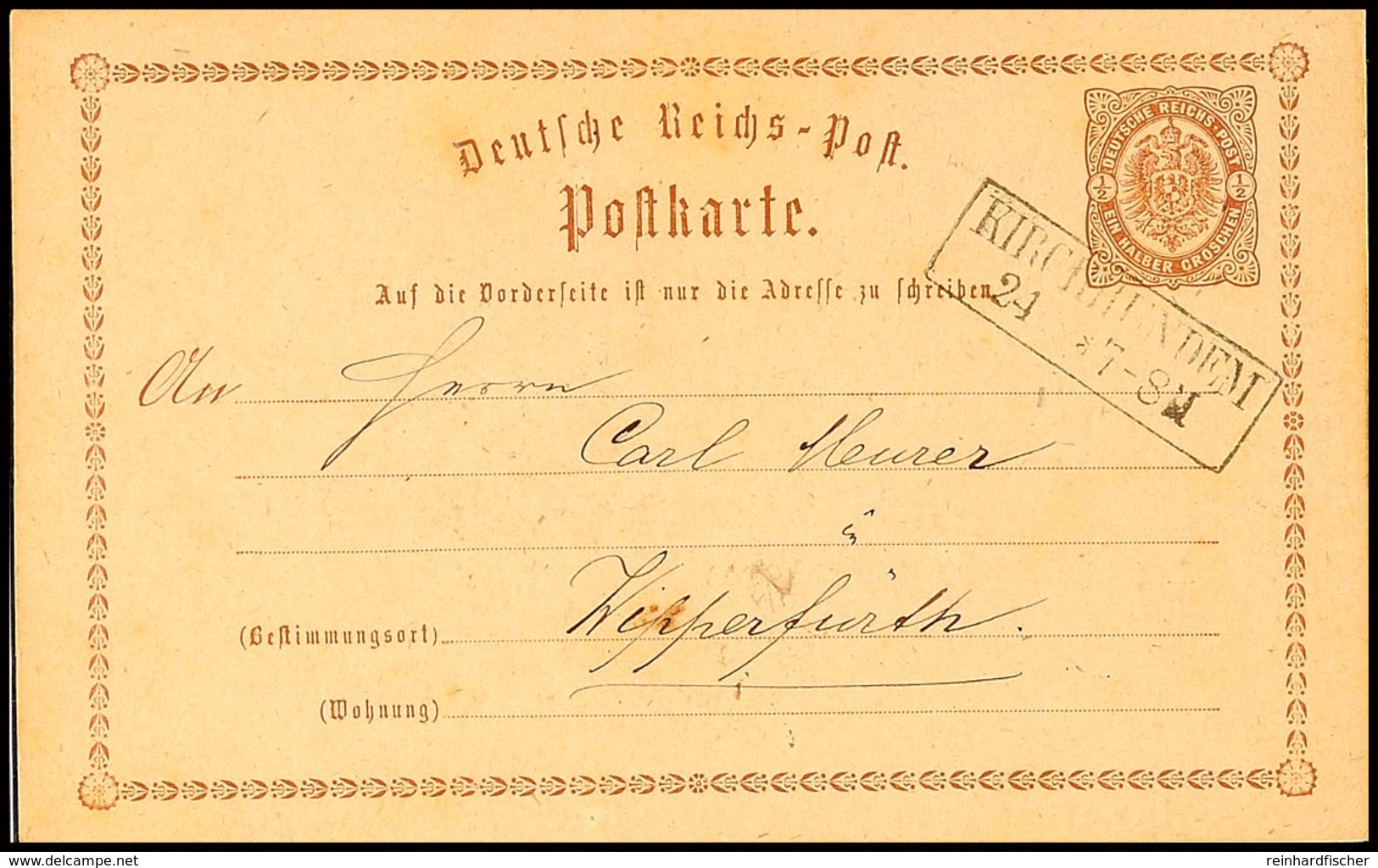 "KIRCHHUNDEM 24 5 (1874)" - Ra2, OPD Arnsberg, Auf GS-Postkarte DR 1/2 Gr. Nach Wipperfürth, Katalog: DR P1 BF - Sonstige & Ohne Zuordnung