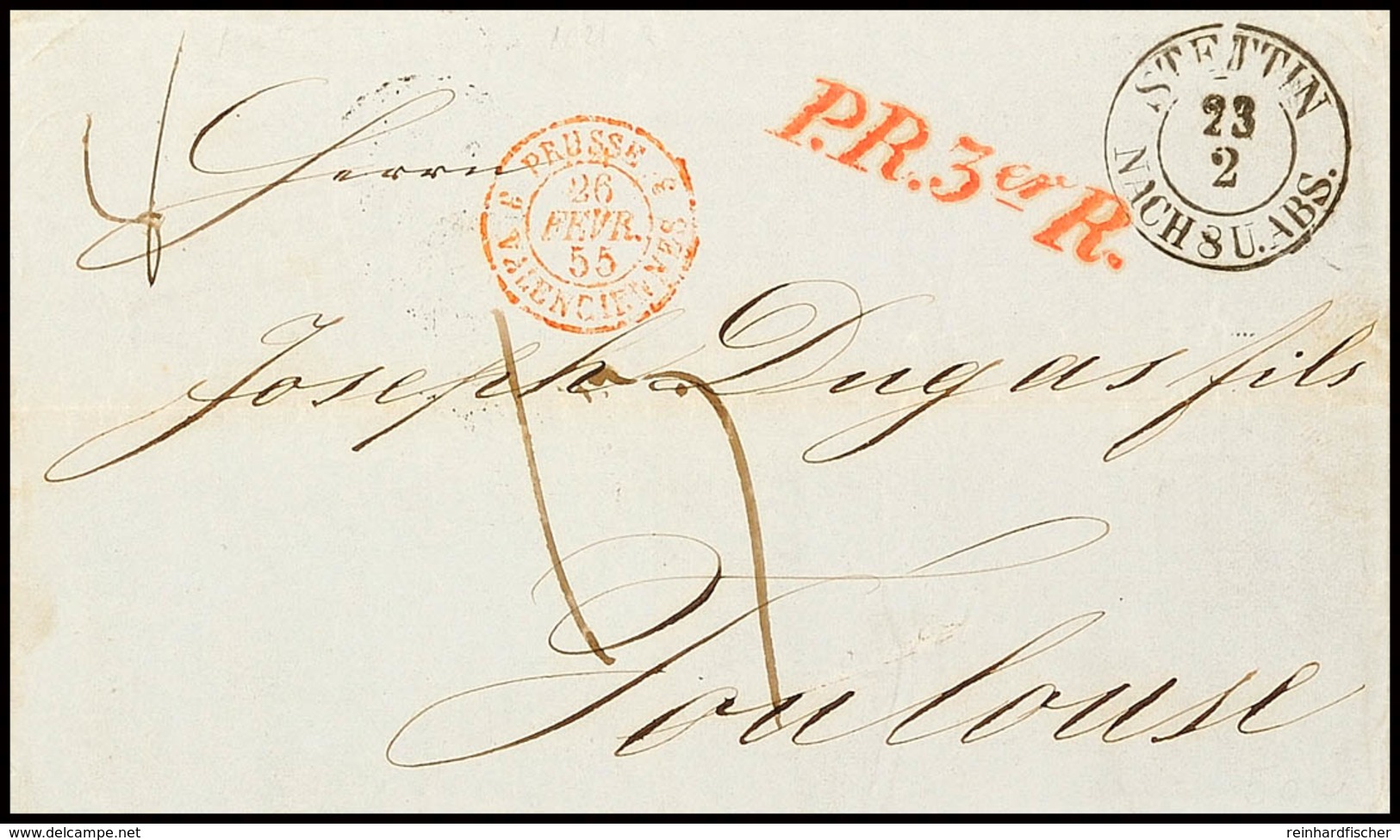 1855, Porto-Brief Mit K2 "STETTIN 23 2 NACH 8 U. ABS." Nebst Rotem L1 "P.R. 3er R." (Aachen) Und Rotem Grenzübergangs-K2 - Sonstige & Ohne Zuordnung