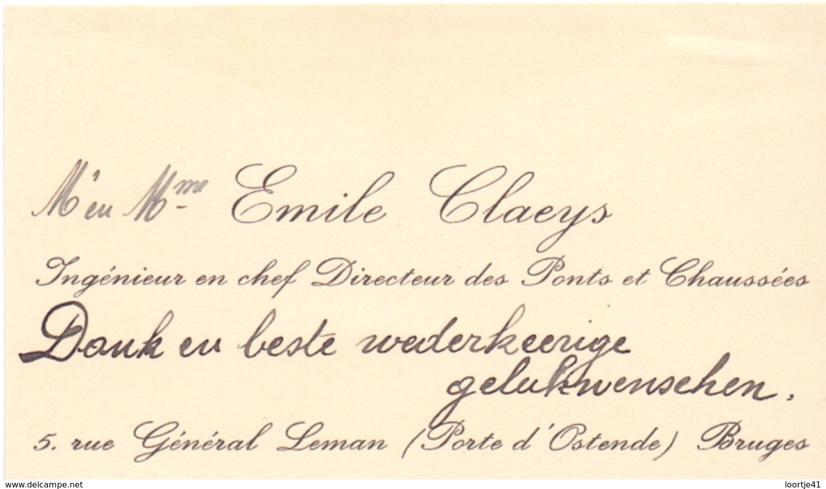 Visitekaartje - Carte Visite - Mr & Mme Emile Claeys - Ingenieur - Bruges Brugge - Cartes De Visite