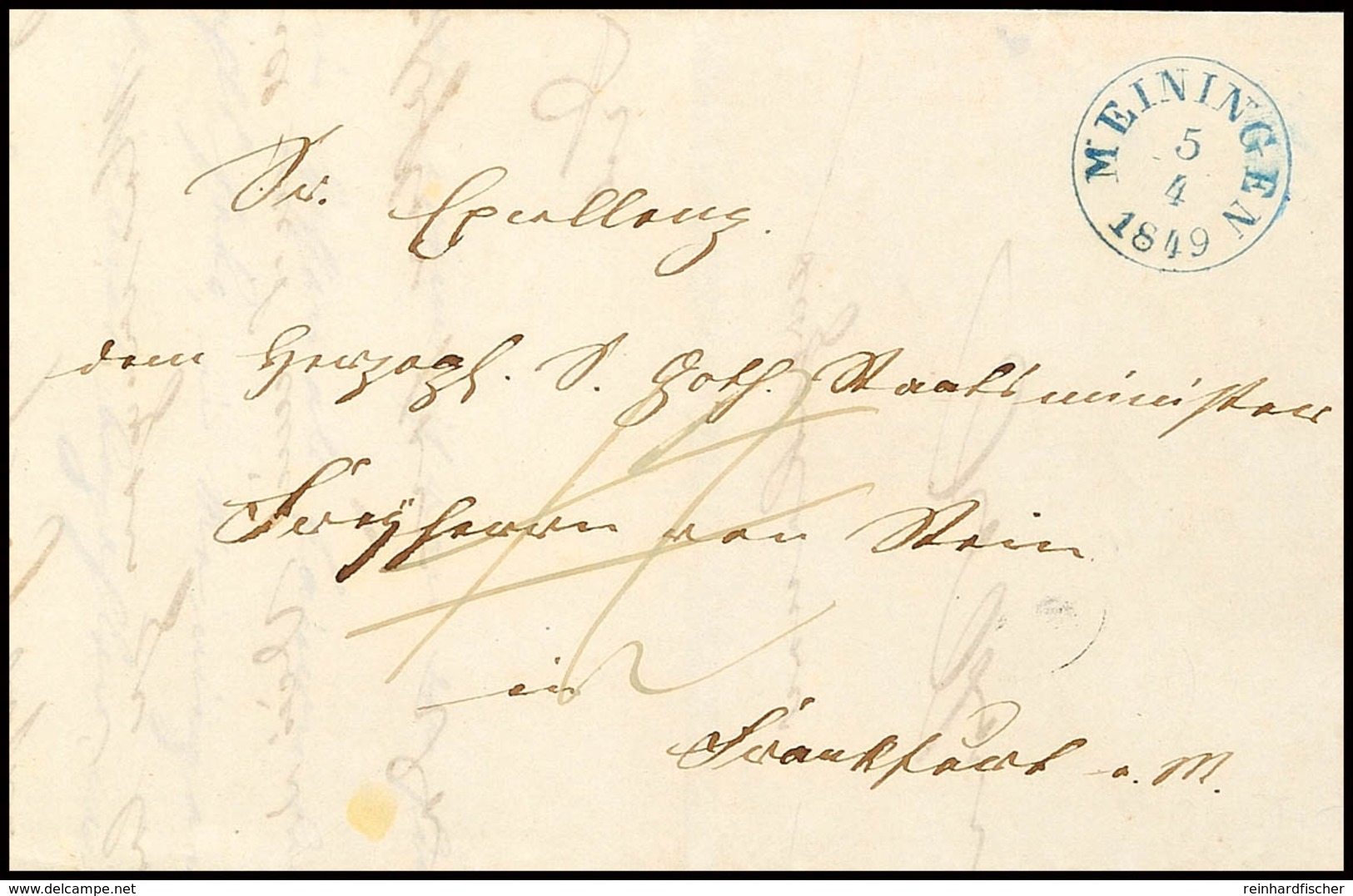 "MEININGEN 5 4 1849" - Blauer K1, Feuser 2222-8, Auf Austaxiertem Brief Nach Frankfurt/M., Vollständiger Briefinhalt  BF - Sonstige & Ohne Zuordnung