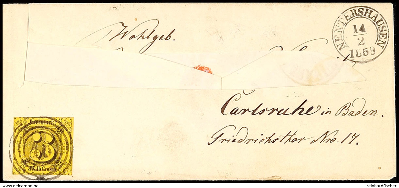 "46" Zentrisch Klar Nebst K2 "NENTERSHAUSEN 14/2 1859" Auf 3 Sgr. A. Hellgelb Im Taxisschnitt Auf Briefkuvert (vorders.  - Altri & Non Classificati