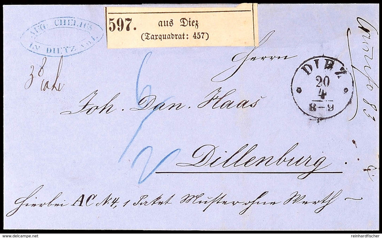 "DIEZ 20 4 (1865)" - K1, Auf In Blau "6 / 2" Austaxiertem Paketbegleitbrief, Nebst Taxquadrat-Paketnummernzettel Type II - Altri & Non Classificati
