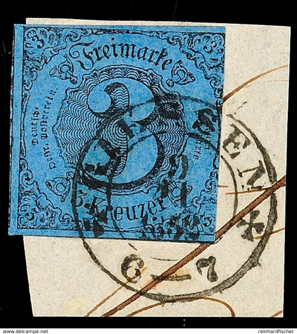 "GIESSEN 9 11 1852" - K2 Mit Kreuzen, Auf Briefstück Mit Dreiseitig Breitranidiger 3 Kr. A. Dunkelblau, Katalog: 8 BS - Autres & Non Classés