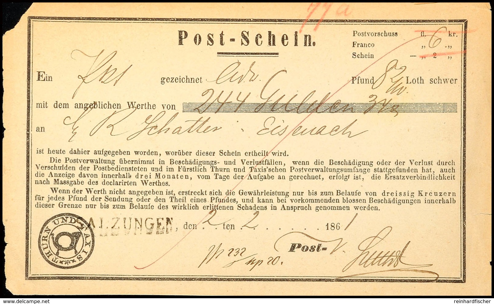 SALZUNGEN 1861, Postschein Für Eine Sendung Mit Wertangabe Nach Eisenach  BF - Sonstige & Ohne Zuordnung